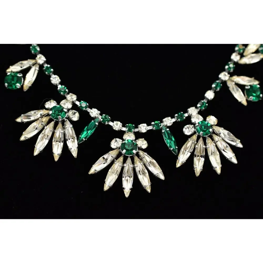 Vintage Crystal Collar Necklace Green Marquise Floral Prong Rhinestone BinBL